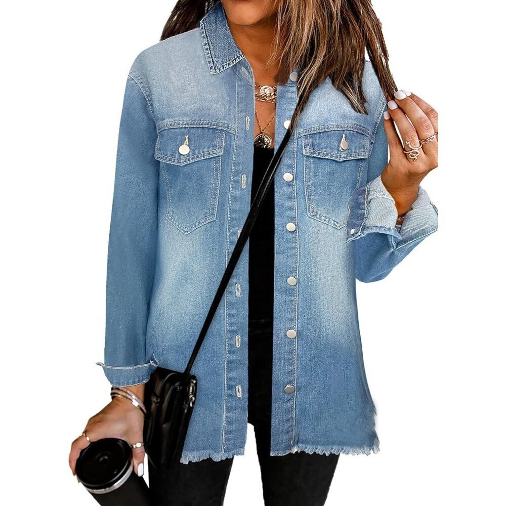 Women's Oversized Jean Jacket Casual Long Sleeve Denim Shirts Distressed Frayed